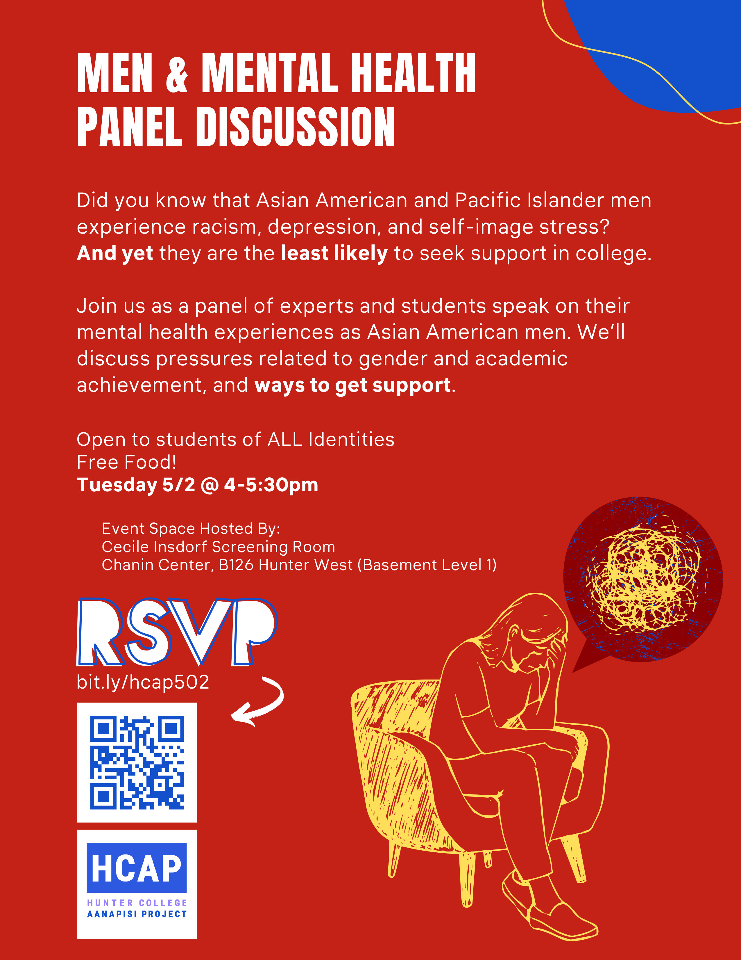 Red and blue flyer featuring a person in a couch with their face in their hands