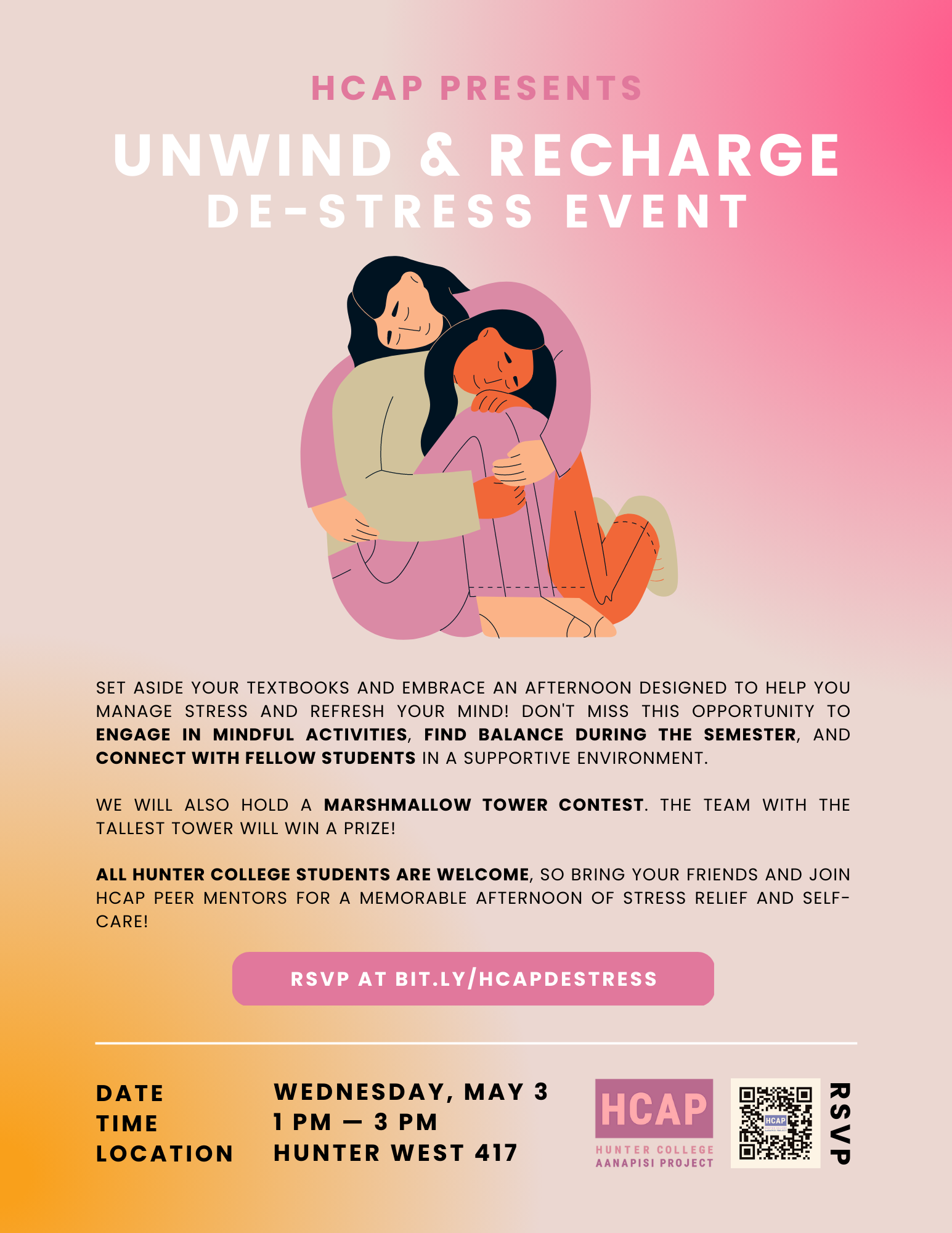 pink and yellow poster with an illustration showing two people with long black hair hugging