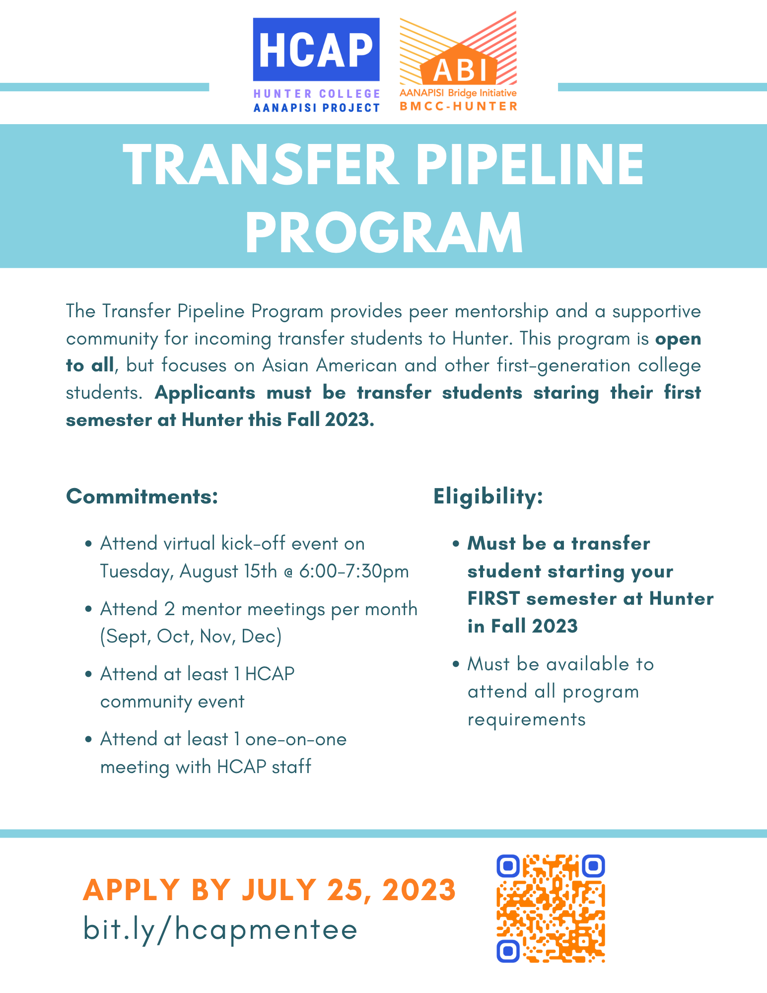 Flyer announcing open applications with sky blue and orange graphic accents.