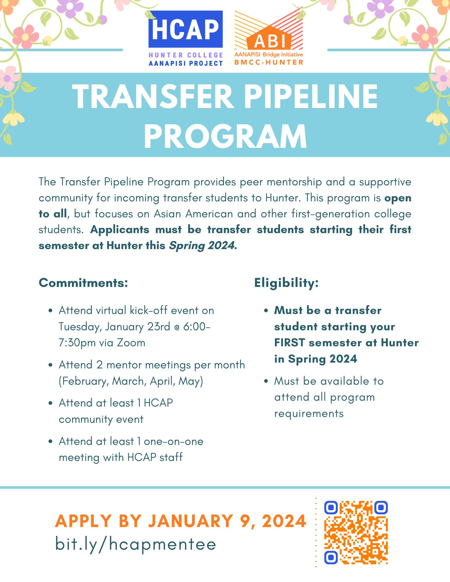 Blue, orange, and white flyer with pastel flower adornments on the top corners.